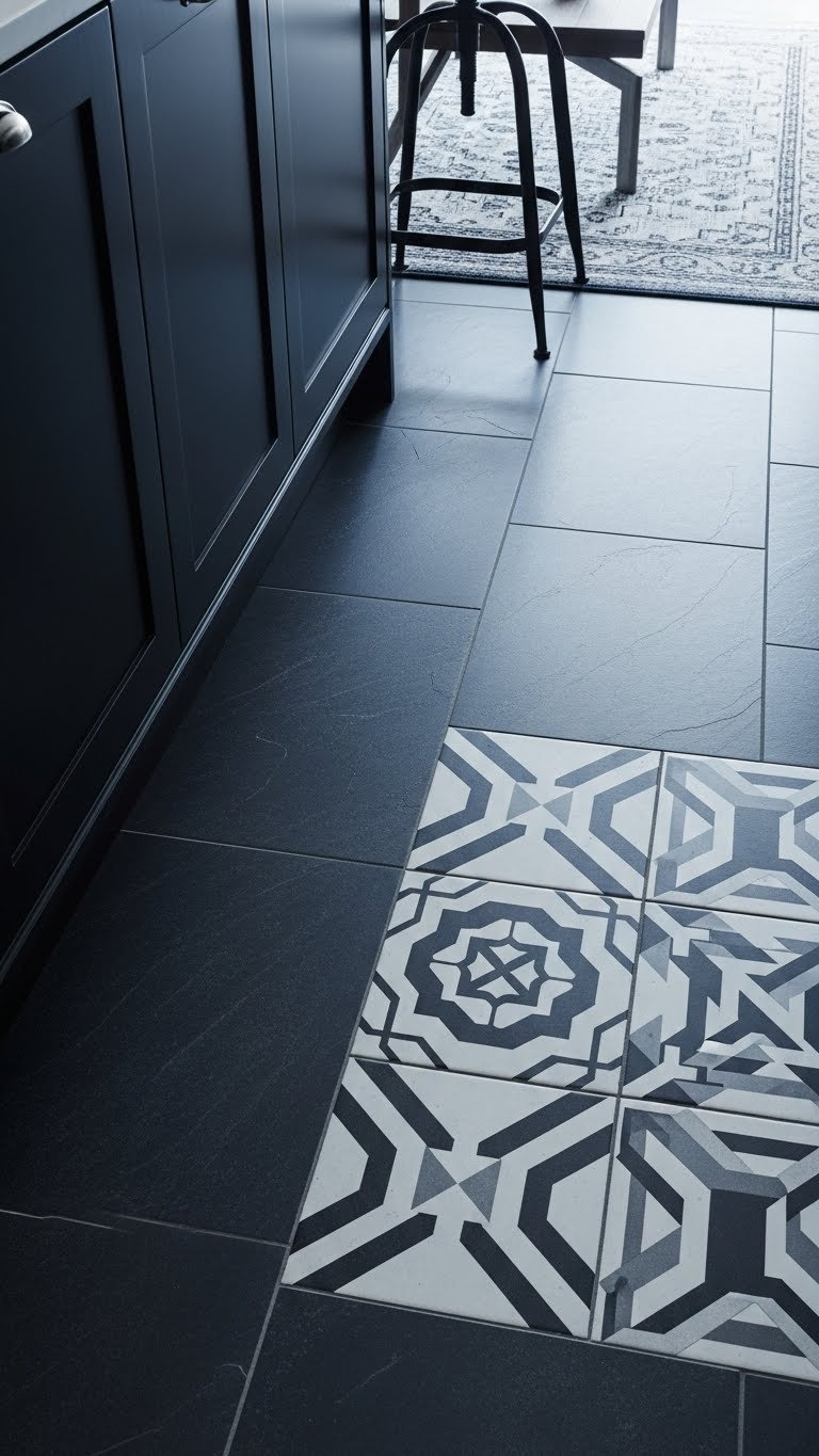 Dark kitchen flooring: large black slate tiles, a metal bar stool, and an area rug beside dark kitchen cabinets.