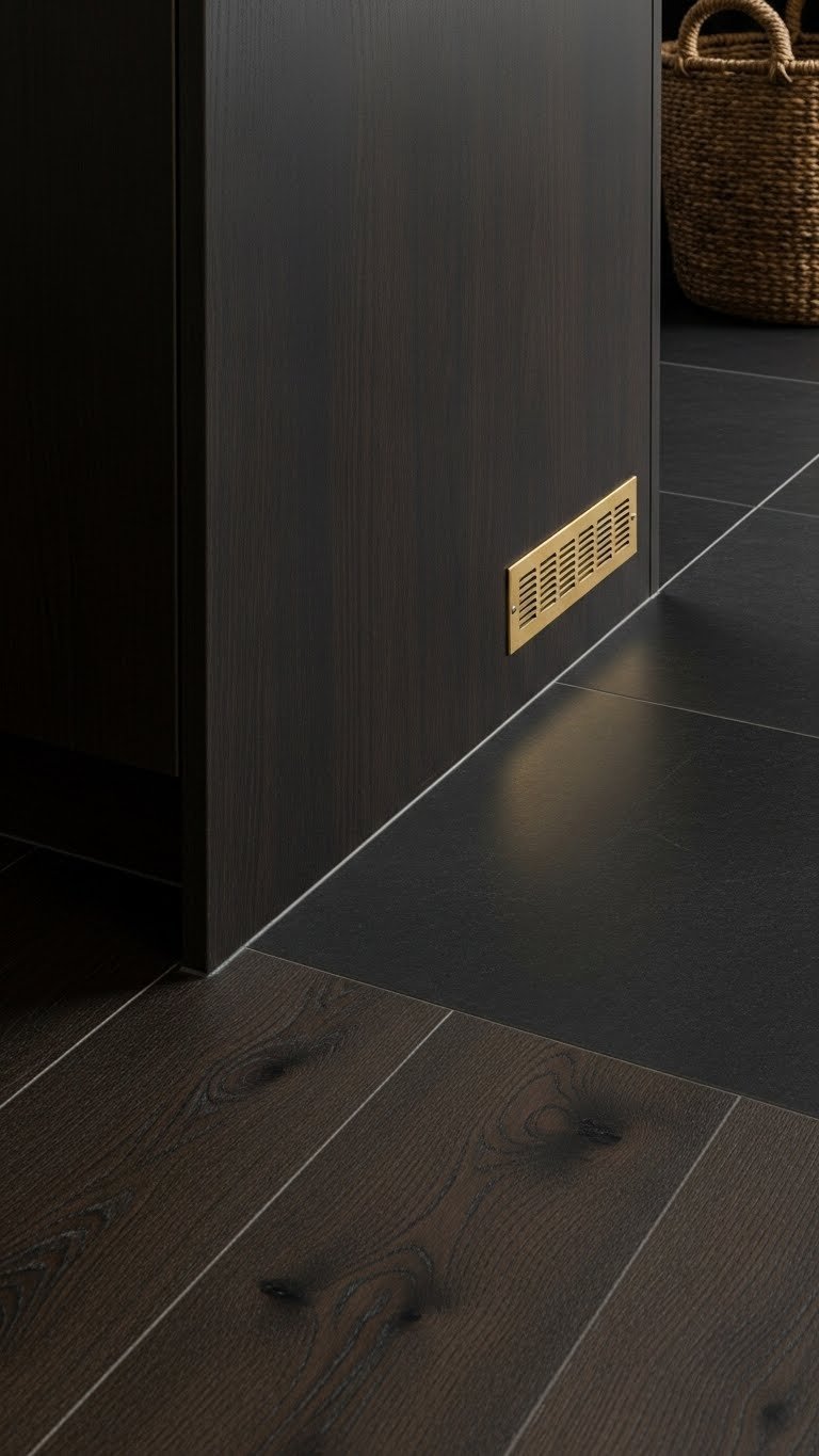 Dark kitchen flooring: matte black slate tiles meeting dark cabinetry, with a brass register detail, captured in bright daylight.