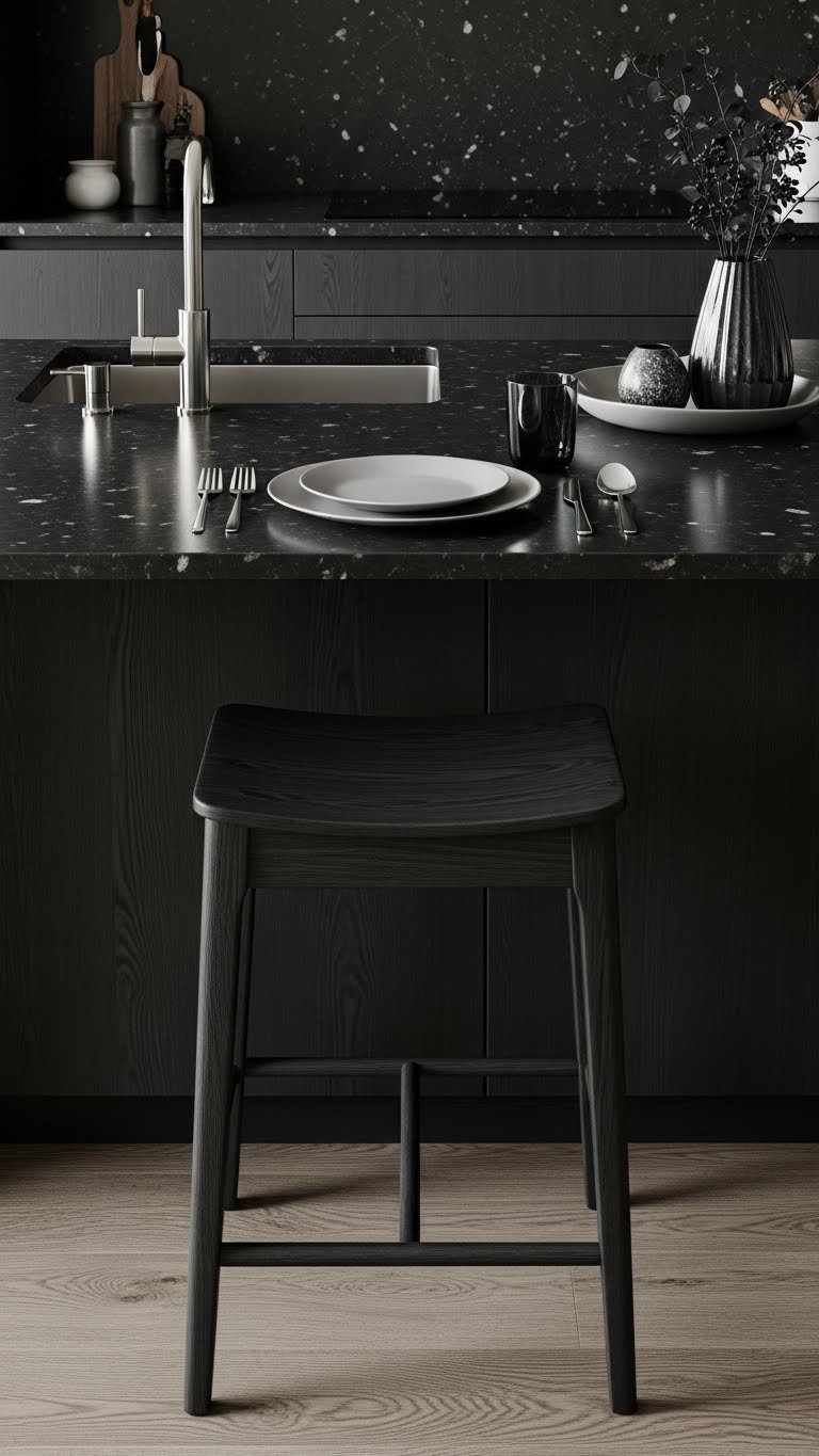 Dark kitchen island with black granite countertop and matched bar stool, emphasizing seamless design and sophisticated elegance.