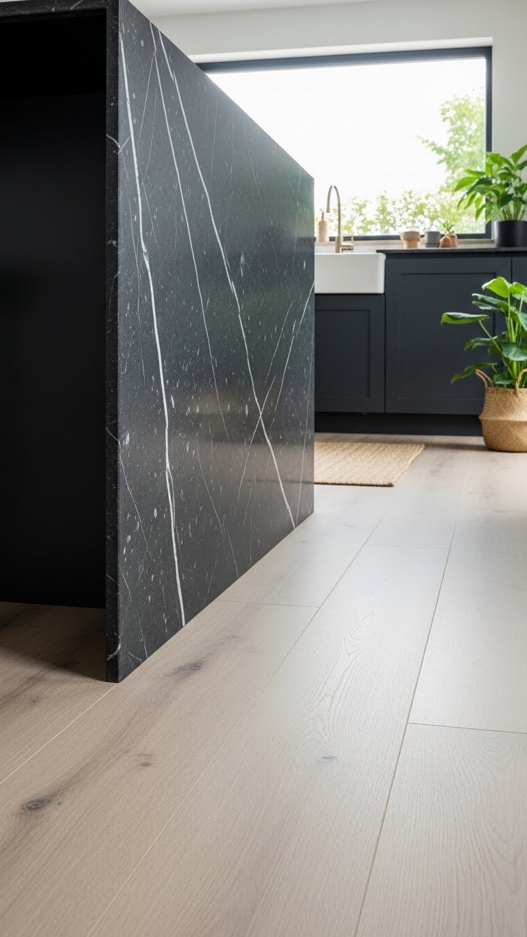 Dark marble kitchen island meeting wide plank light wood flooring, showcasing sharp contrast in texture and color. Inviting kitchen.