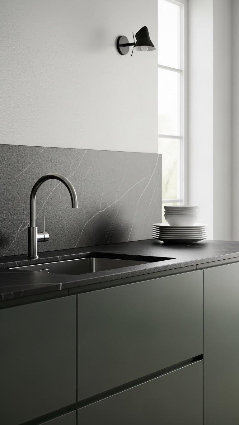 Dark matte honed stone countertop & backsplash, deep green cabinetry, stainless steel faucet, white ceramic plates under bright daylight.