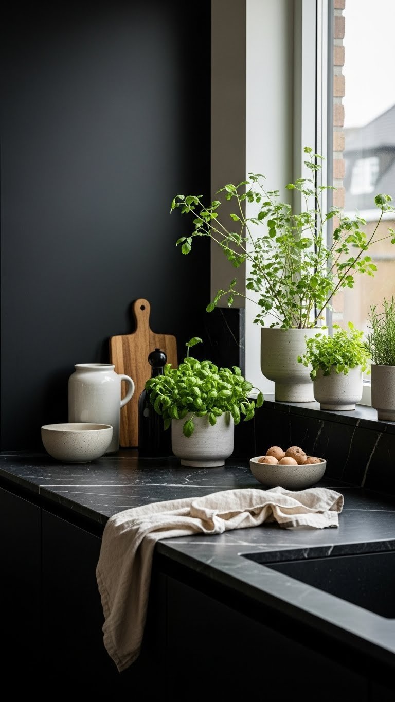 Dark modern kitchen integrating vibrant green plants and organic textures. Biophilic design creates a serene, peaceful aesthetic.