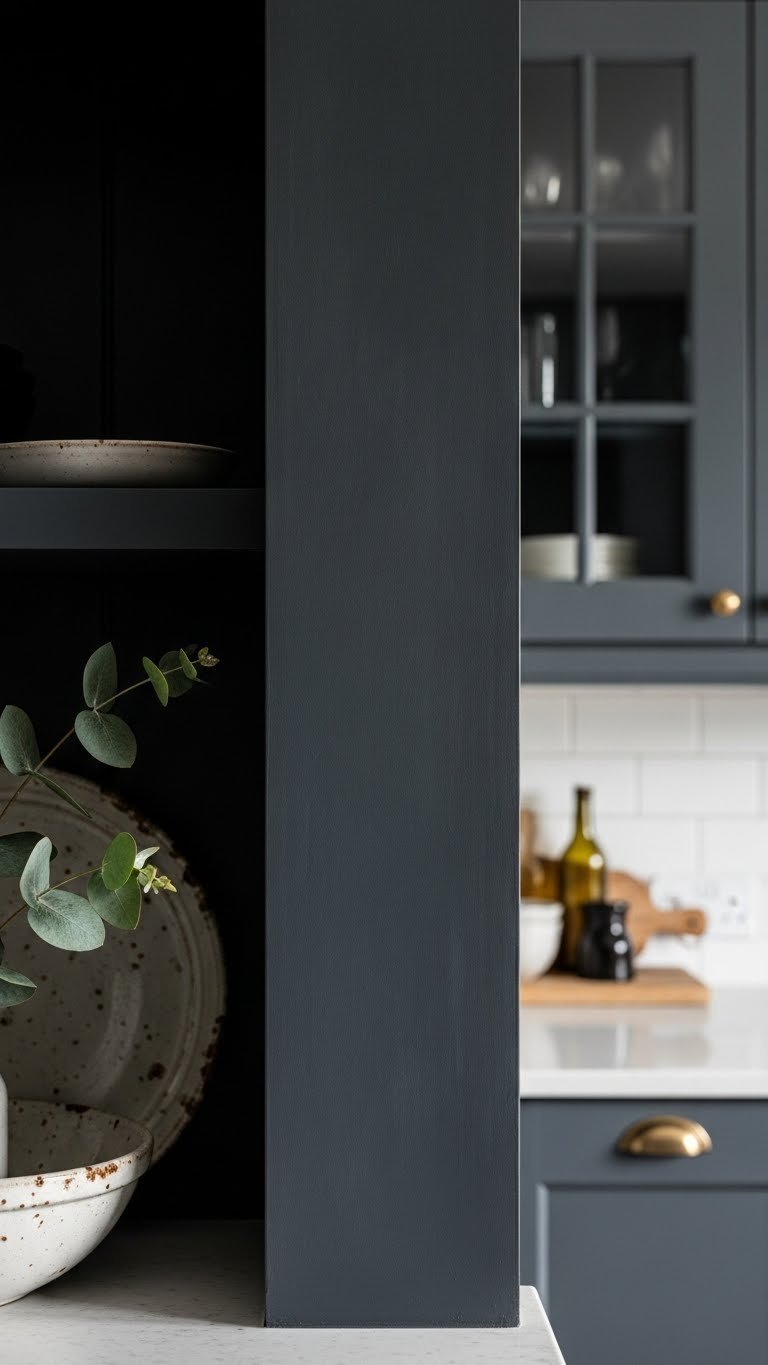 Dark French Country Kitchen Aesthetic: 7 Design Secrets 11 Dark moody limewash wall texture behind open shelving in a French country kitchen, eucalyptus, ceramic dish, charcoal gray tones.