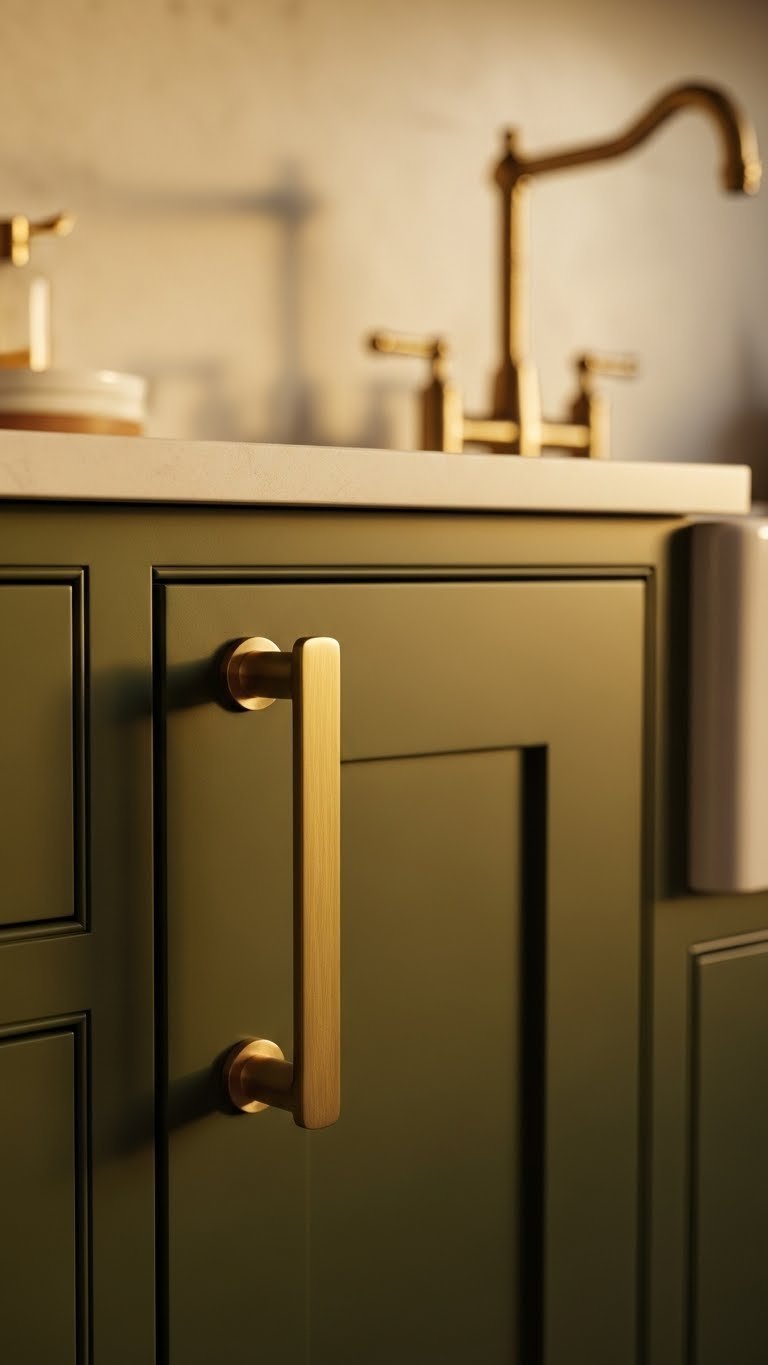 Dark olive green kitchen cabinet door with prominent brushed gold hardware, reflecting warm light, showcasing luxurious contrast and elegance.