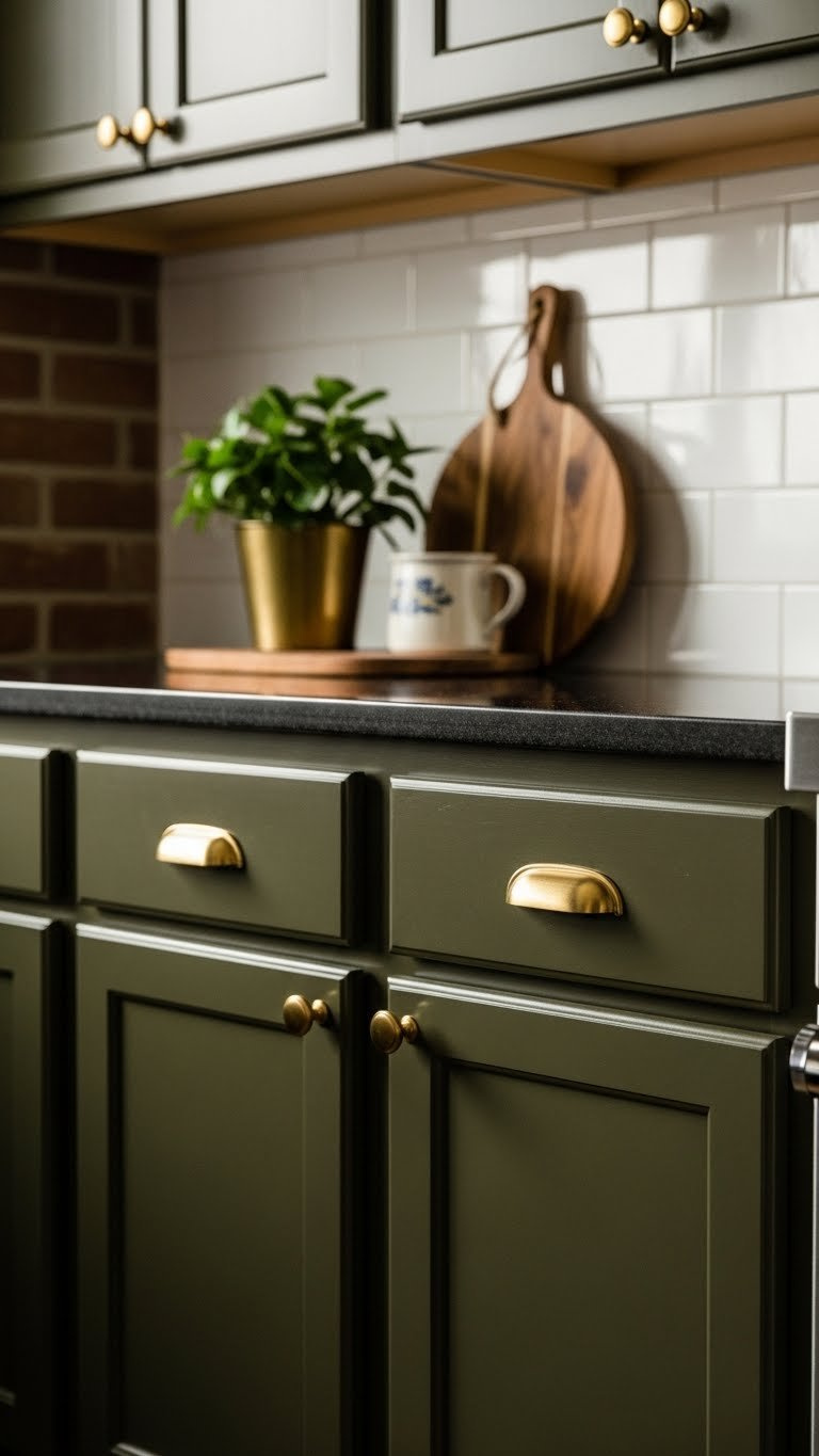 Dark olive green kitchen cabinets with brass handles against soft brick backdrop with plant and wooden cutting board