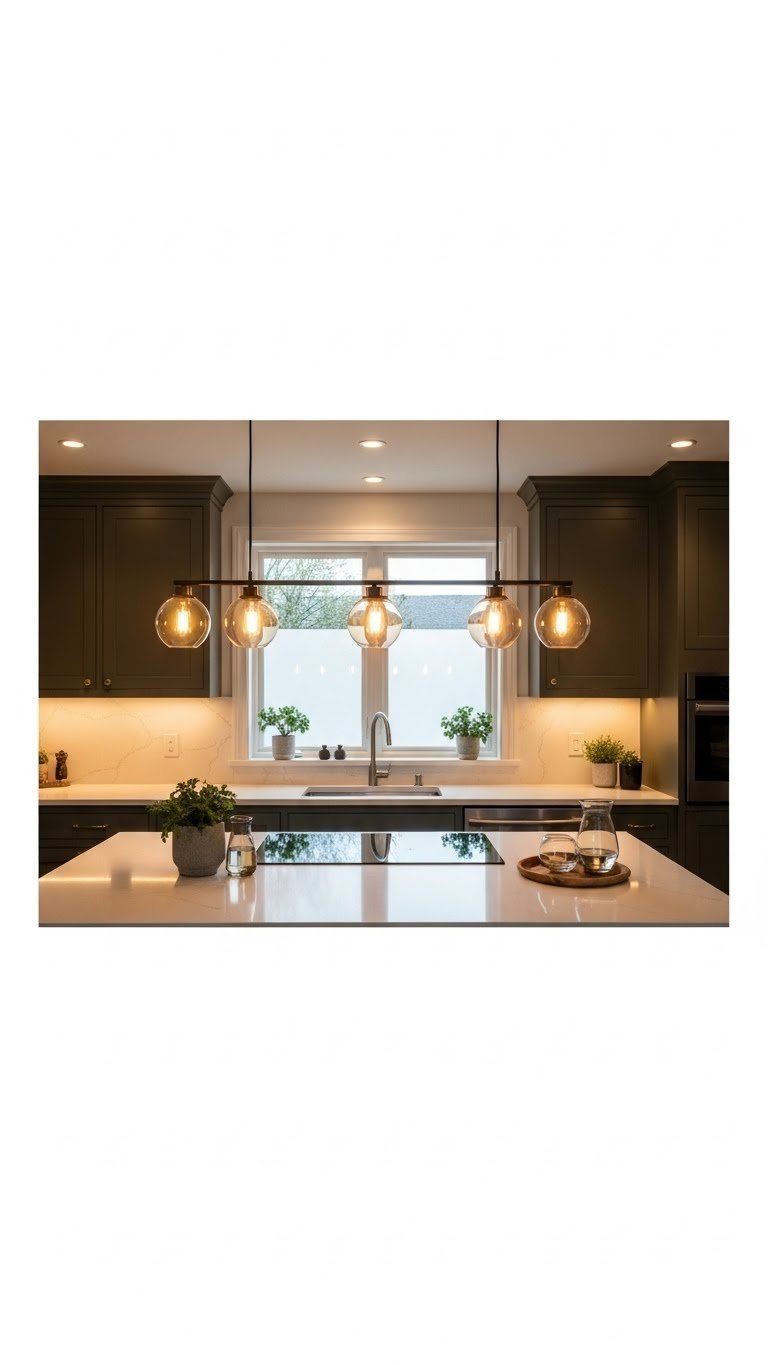 Dark olive green kitchen showcasing layered lighting: under-cabinet, pendant over island, and recessed, creating a warm inviting ambiance.