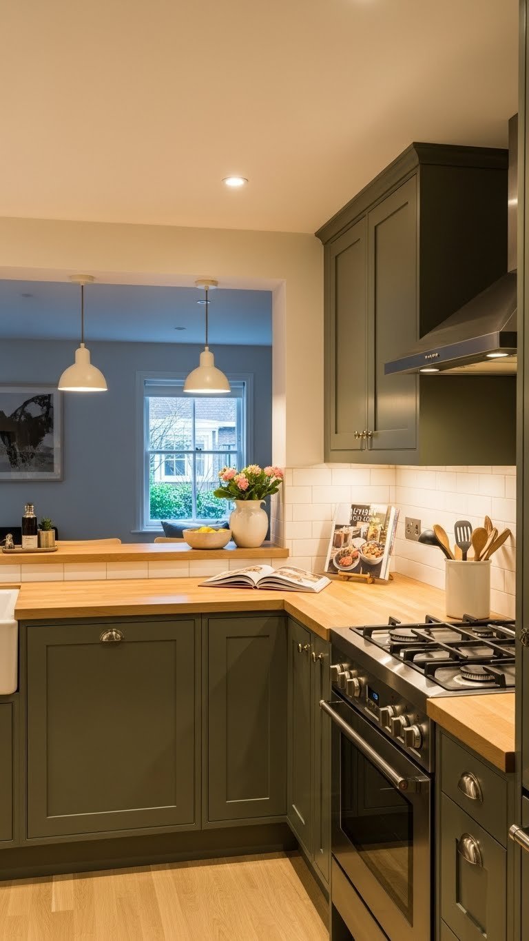 Dark olive green kitchen with layered LED lighting creating warm ambiance in a compact space