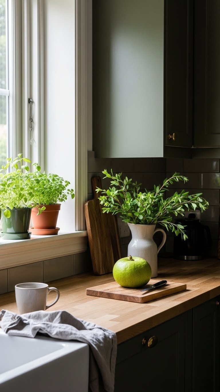 Dark olive green kitchen with potted herbs and natural elements creating biophilic design