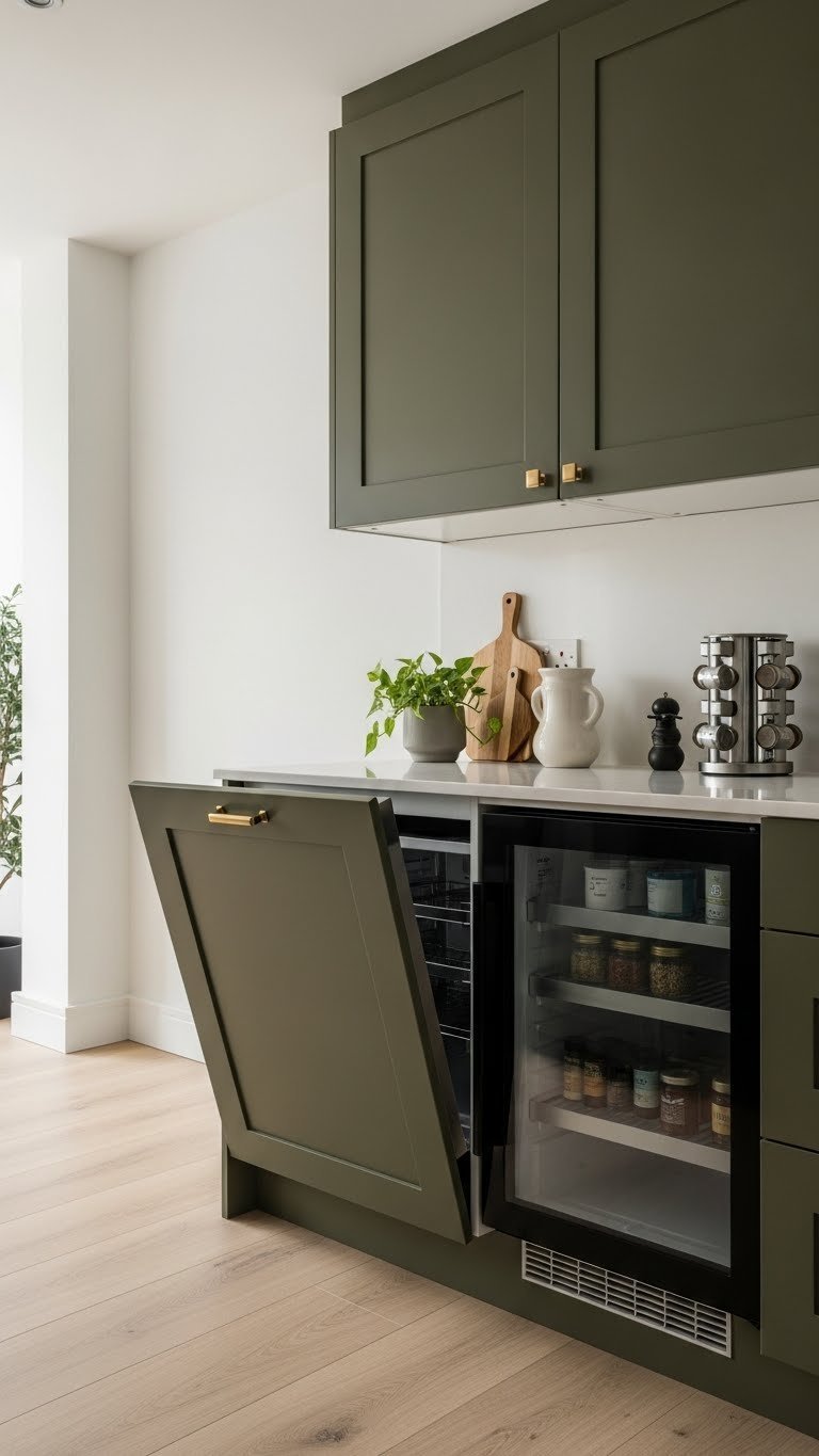 Dark olive green kitchen with seamlessly integrated appliances disguised behind cabinet panels