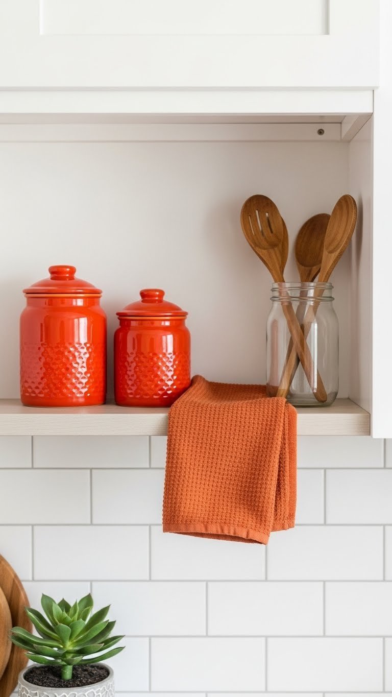 Dark orange ceramic kitchen canisters and tea towel on a light shelf, white subway tile, potted succulent, wooden spoons.