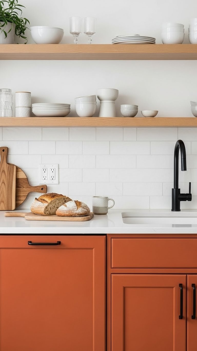 Dark orange lower cabinets, natural wood open shelving, matte black hardware, black faucet, white tile backsplash, mug.