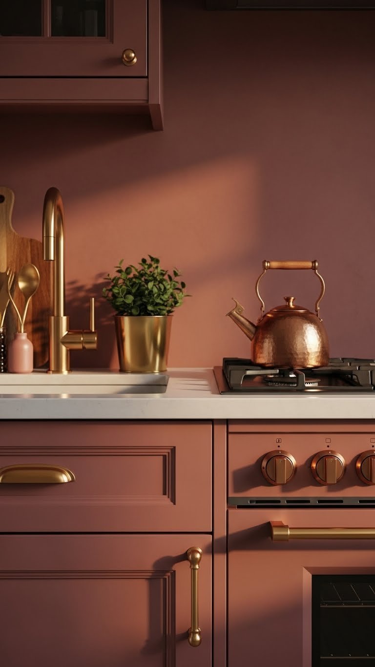 Dark Pink Kitchen Aesthetic: 7 Elegant Ideas To Try 5 Dark pink cabinetry detail with brushed gold faucet, cabinet pulls, and copper tea kettle. Modern kitchen accents, gold pot plant.