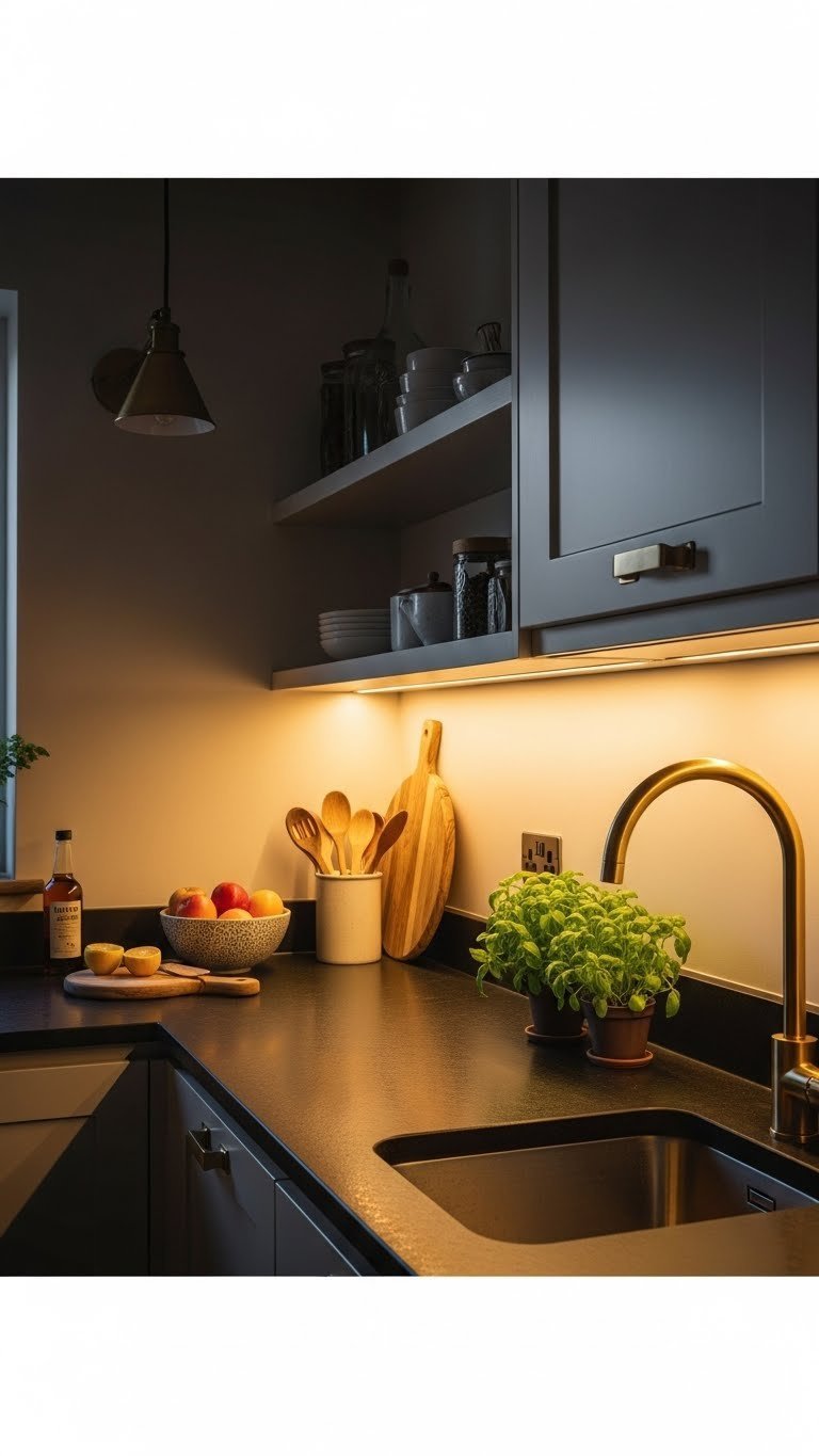 Small Kitchen Dark Countertops: 7 Ways To Transform Your Space 5 Dark quartz kitchen countertop illuminated by warm LED under-cabinet lighting and elegant brass pendant fixture