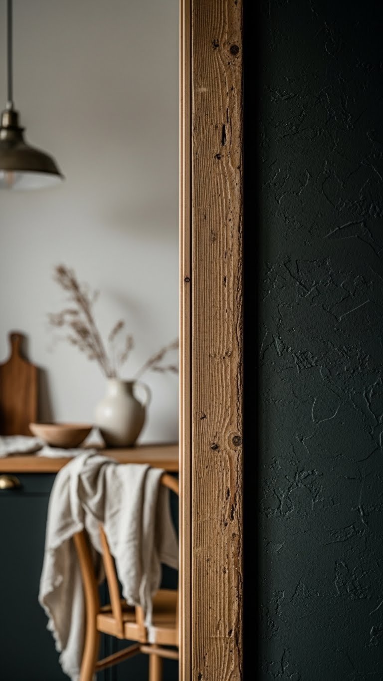 Dark rustic kitchen design featuring a moody deep charcoal wall contrasted with warm, distressed wood trim, showcasing cozy textures.