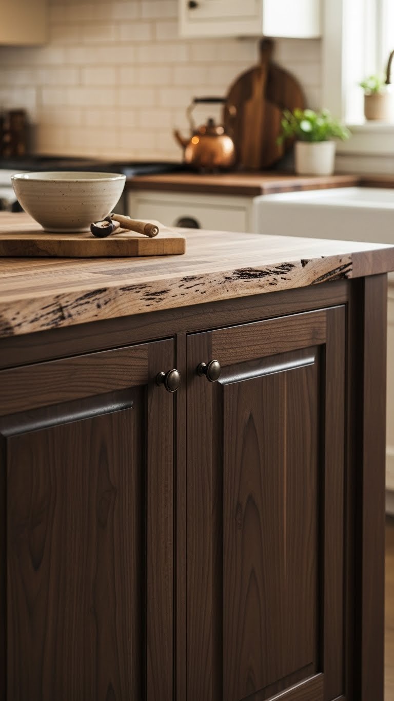 Dark rustic kitchen with deep walnut cabinetry, prominent wood grain, and a raw butcher block countertop showcasing rich textures.
