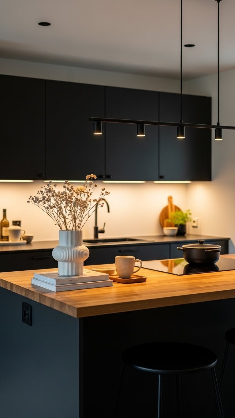 Dark scandi kitchen with layered LED lighting illuminating butcher block island and warm golden hour atmosphere.