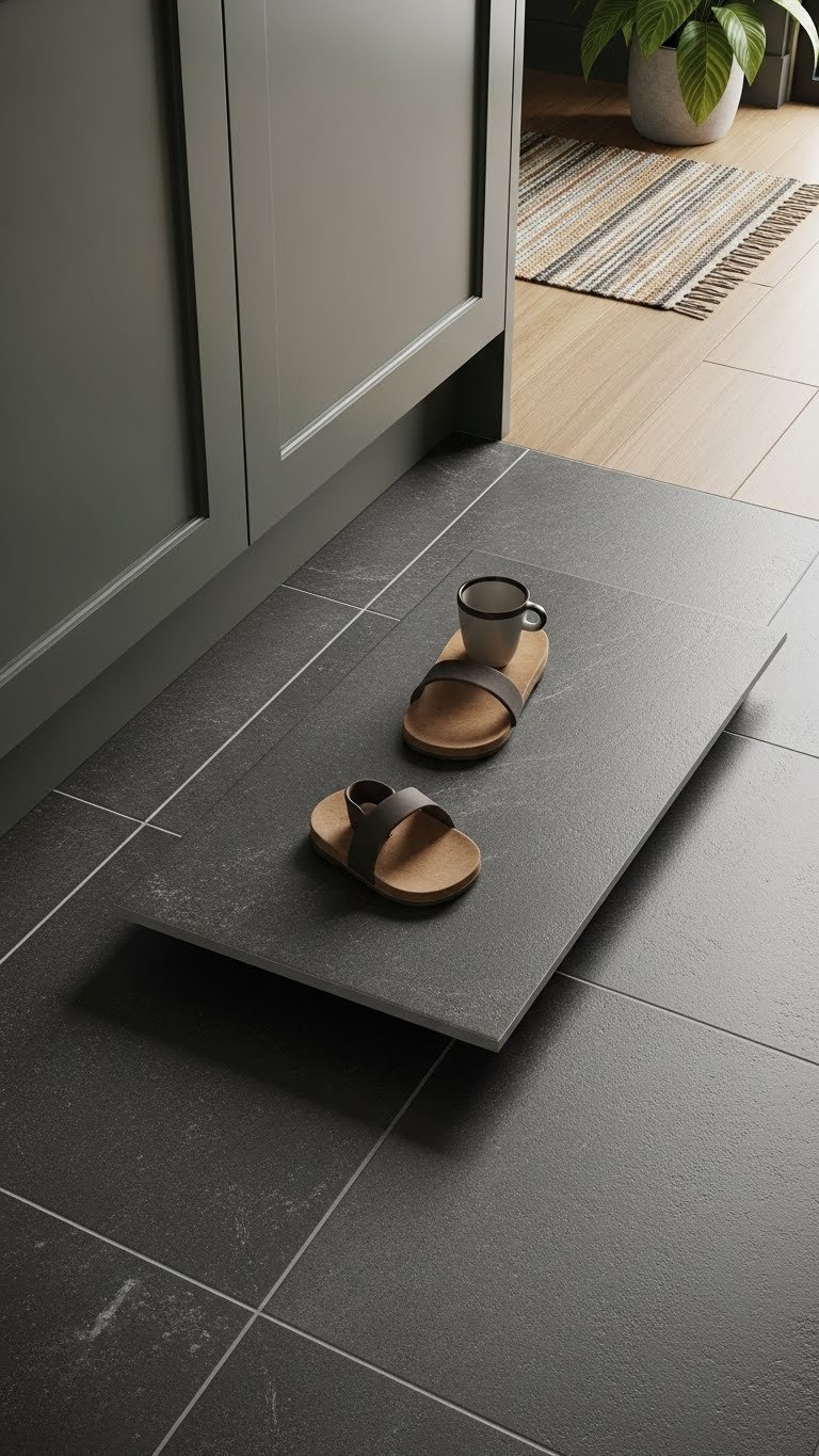 Dark slate grey porcelain floor tiles contrasting with dark sage green kitchen cabinets, with a woven rug. Serene kitchen flooring.