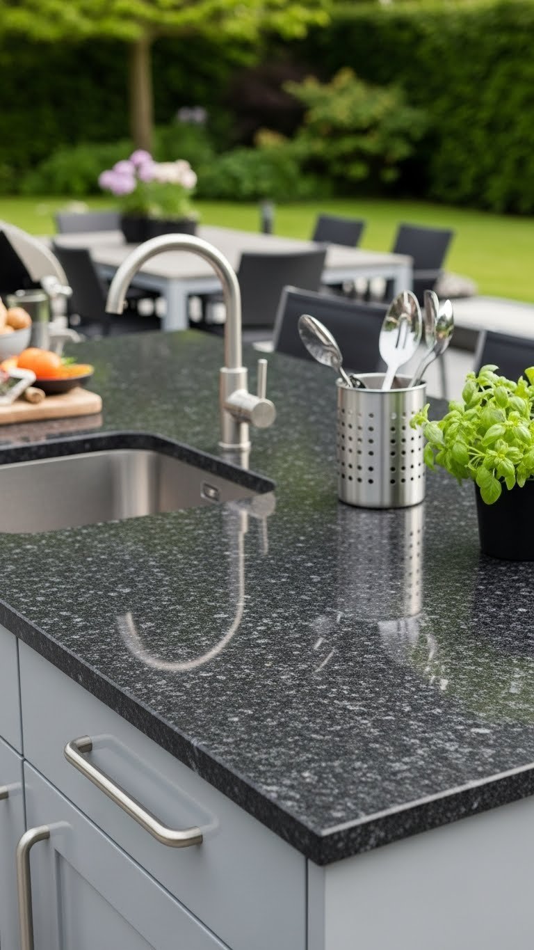 Outdoor Kitchen Countertops: Ultimate Guide To Durable Options 1 Dark speckled granite outdoor kitchen countertop with natural patterns and robust texture in lush garden setting