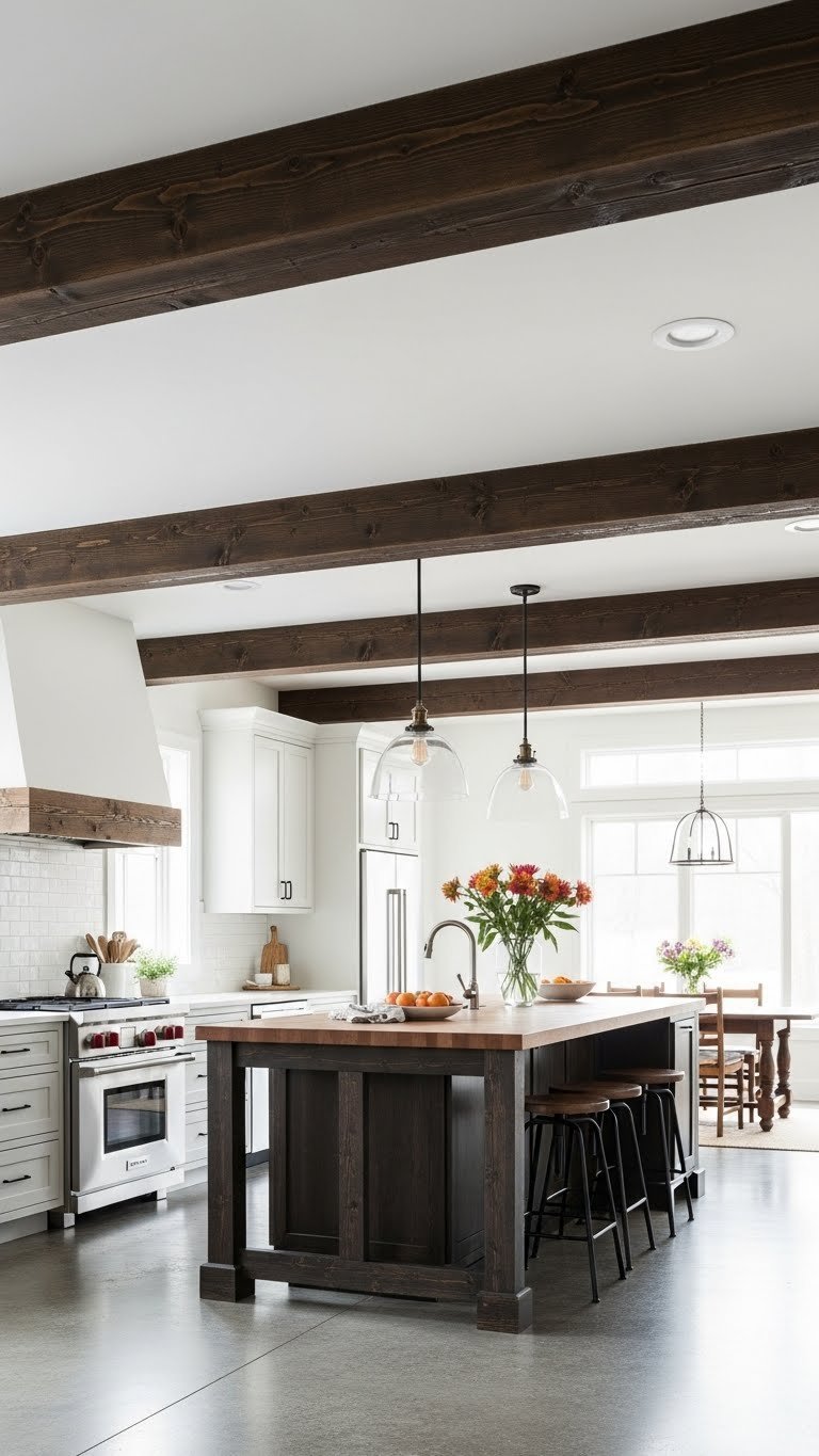 Dark-stained exposed wooden beams across white ceiling above butcher block island in rustic farmhouse kitchen