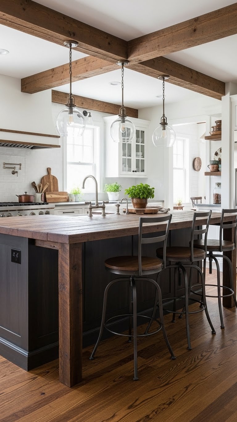 Dark-stained reclaimed wood kitchen island with butcher block countertop and wrought iron bar stools in rustic farmhouse kitchen