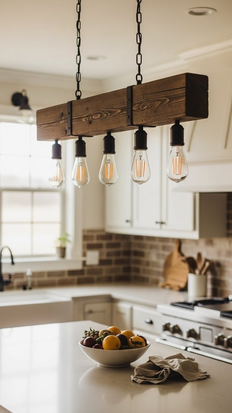 Dark stained wood beam pendant light fixture with multiple bulbs hanging over rustic kitchen island with ceramic fruit bowl and linen napkins