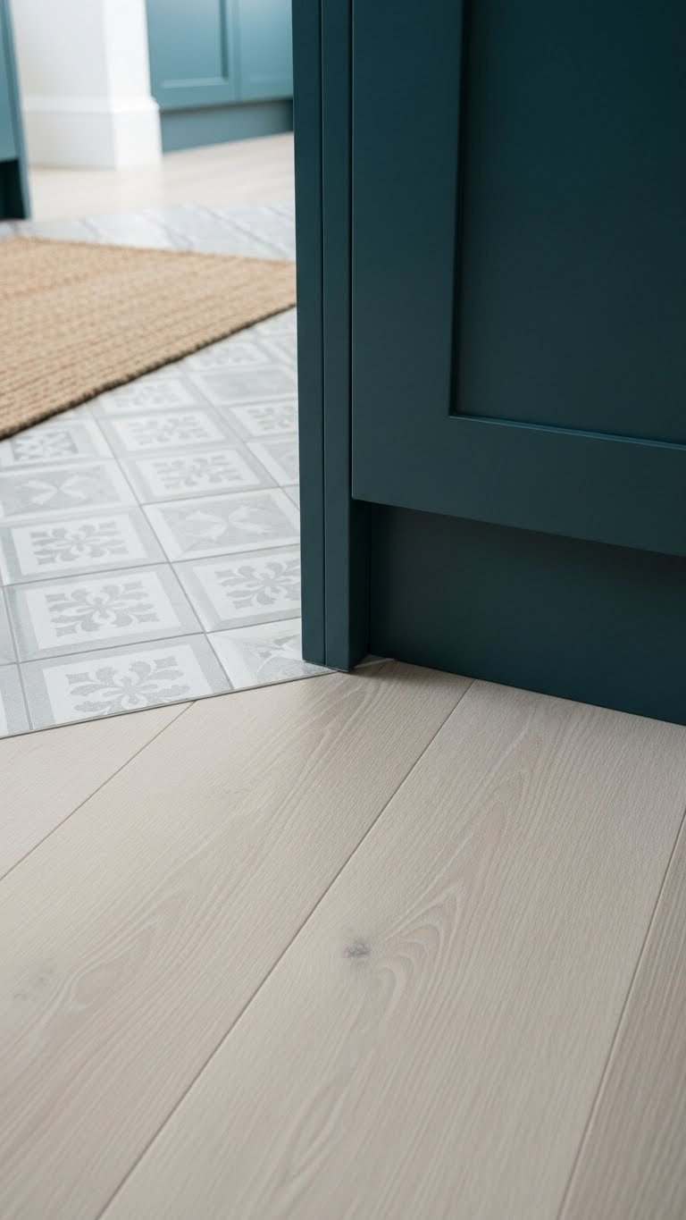 Dark teal cabinet base to light natural wood flooring. Sophisticated kitchen design, complementary contrast, woven rug.