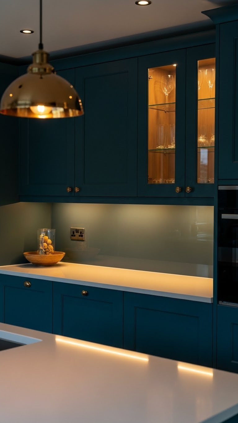 Dark teal kitchen cabinets with warm under-cabinet LED and pendant lights. Inviting ambiance, reflecting on white countertop.