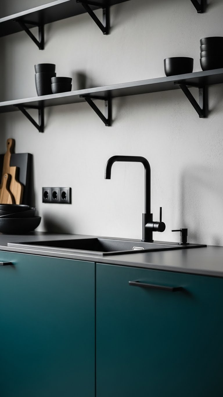 Dark teal kitchen featuring matte black faucet, shelving, outlets. Dramatic, modern interior design near sink with minimalist accents.