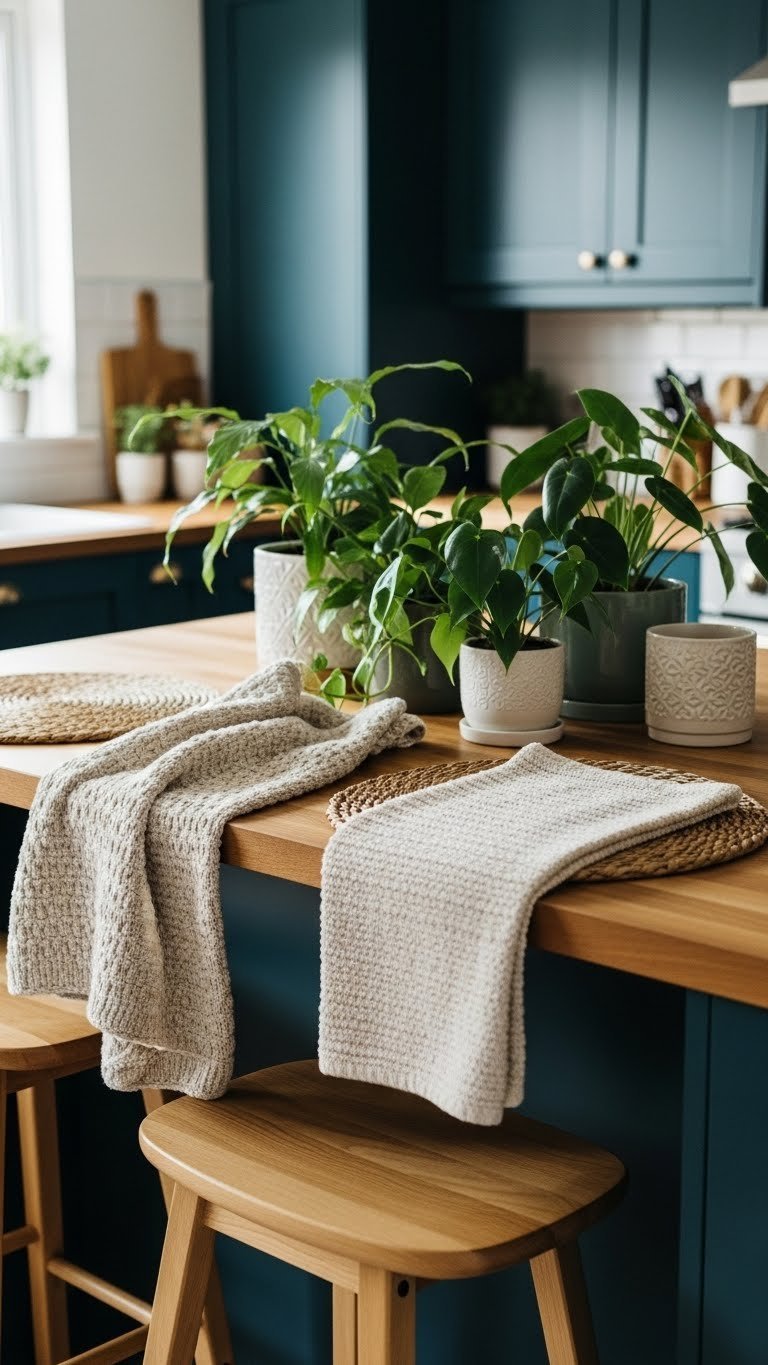 Dark teal kitchen island, natural wood stool, knit textiles, green houseplants on butcher block. Cozy, inviting design.