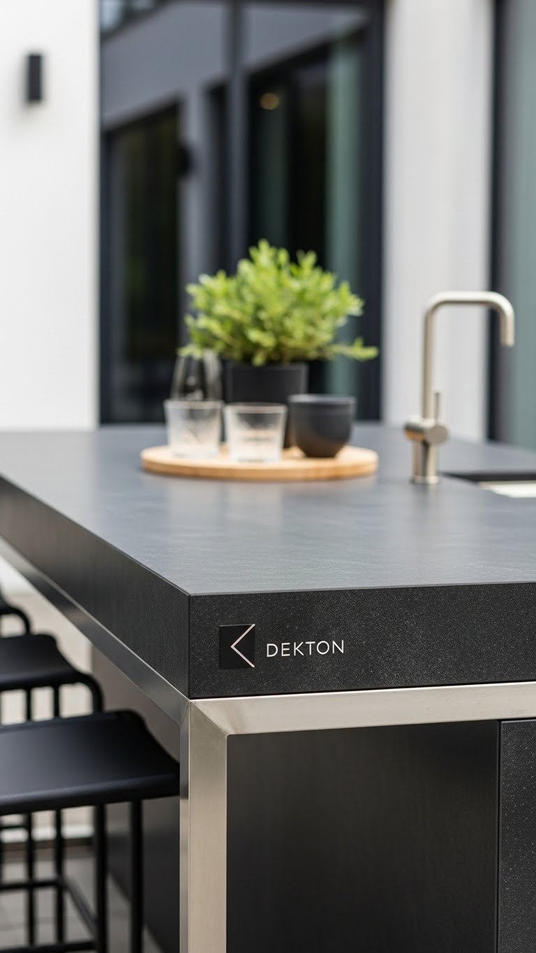 Outdoor Kitchen Countertops: Ultimate Guide To Durable Options 13 Dark textured Dekton outdoor countertop with industrial finish in contemporary bar setting