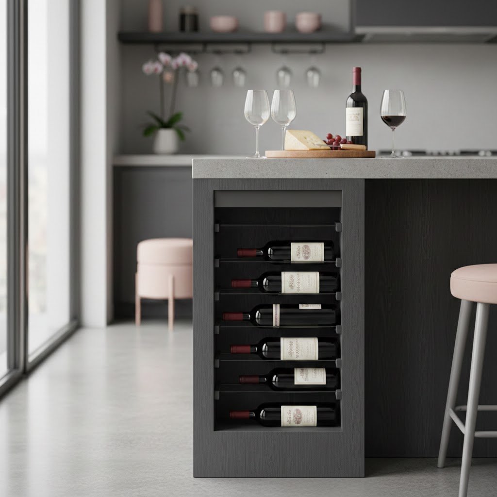 Dark-toned kitchen island with integrated wine rack and stemware storage in contemporary compact dining area