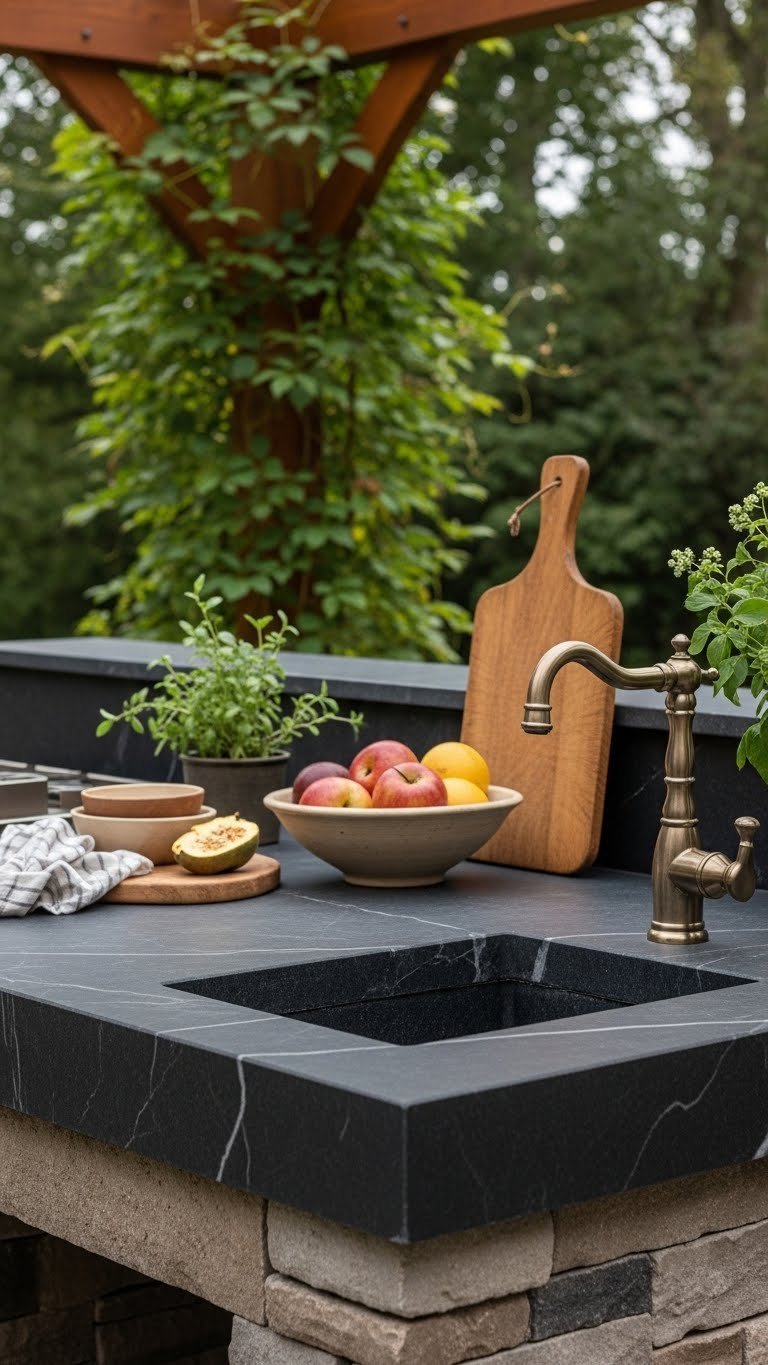 Outdoor Kitchen Countertops: Ultimate Guide To Durable Options 9 Dark velvety soapstone outdoor countertop with subtle veining in rustic-elegant kitchen setting
