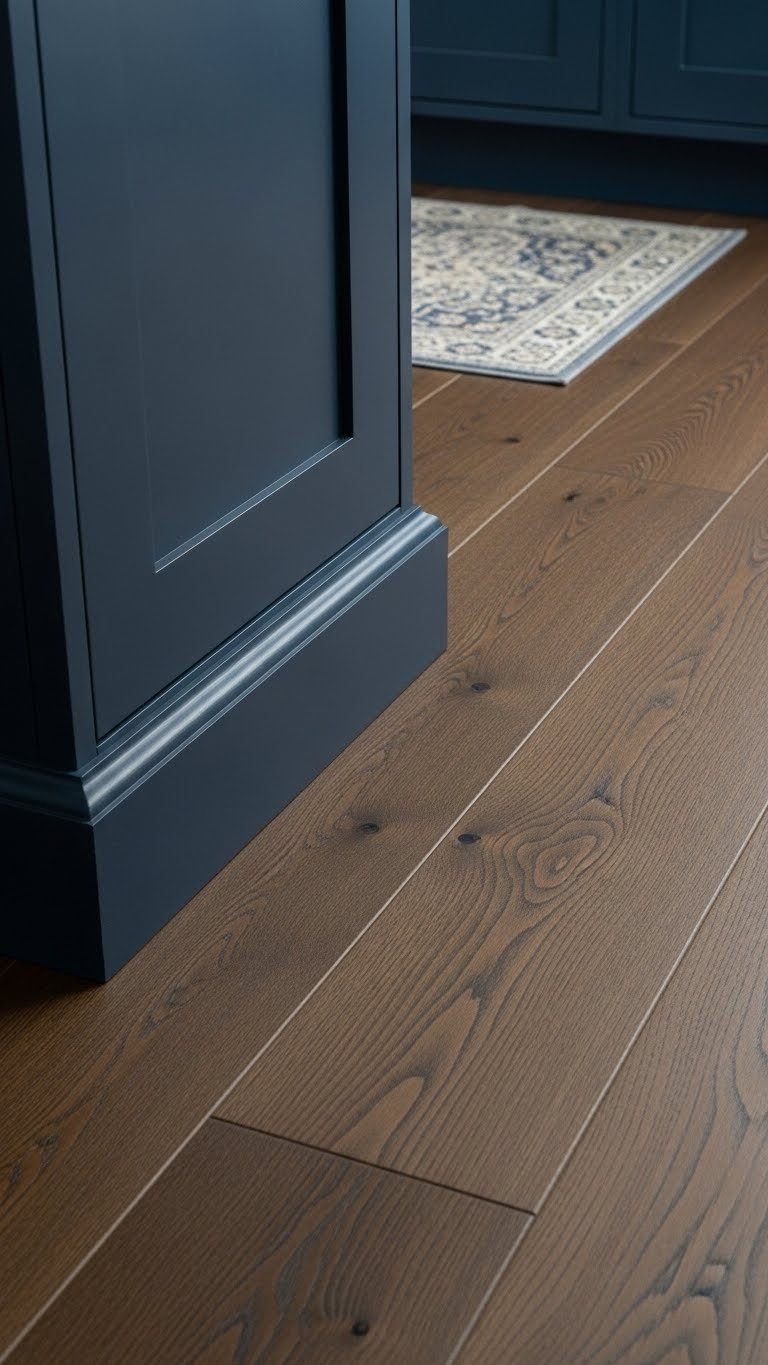 Dark wide-plank wood flooring, like reclaimed oak, flows next to a deep blue kitchen cabinet base, enhancing kitchen design.