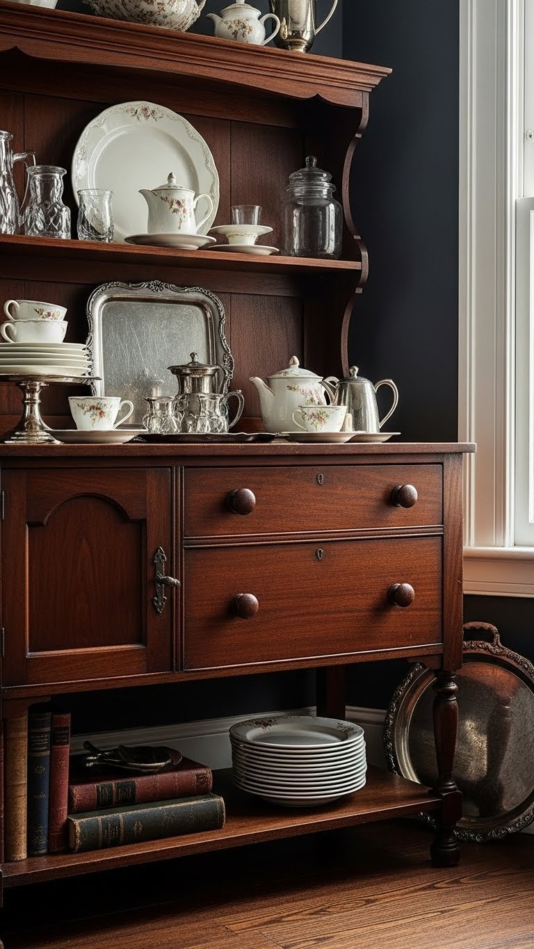 Dark wood antique dresser showcasing vintage ceramics, glassware, cookbooks. Unfitted storage in a cozy Victorian kitchen with drapes.