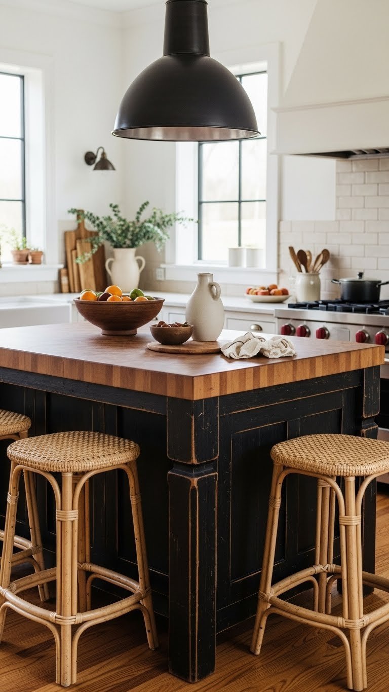 Dark wood boho kitchen island with distressed butcher block top, rattan stools, vintage pendant light, fresh fruit, exposed brick, ceramic kitchenware. Soft light.
