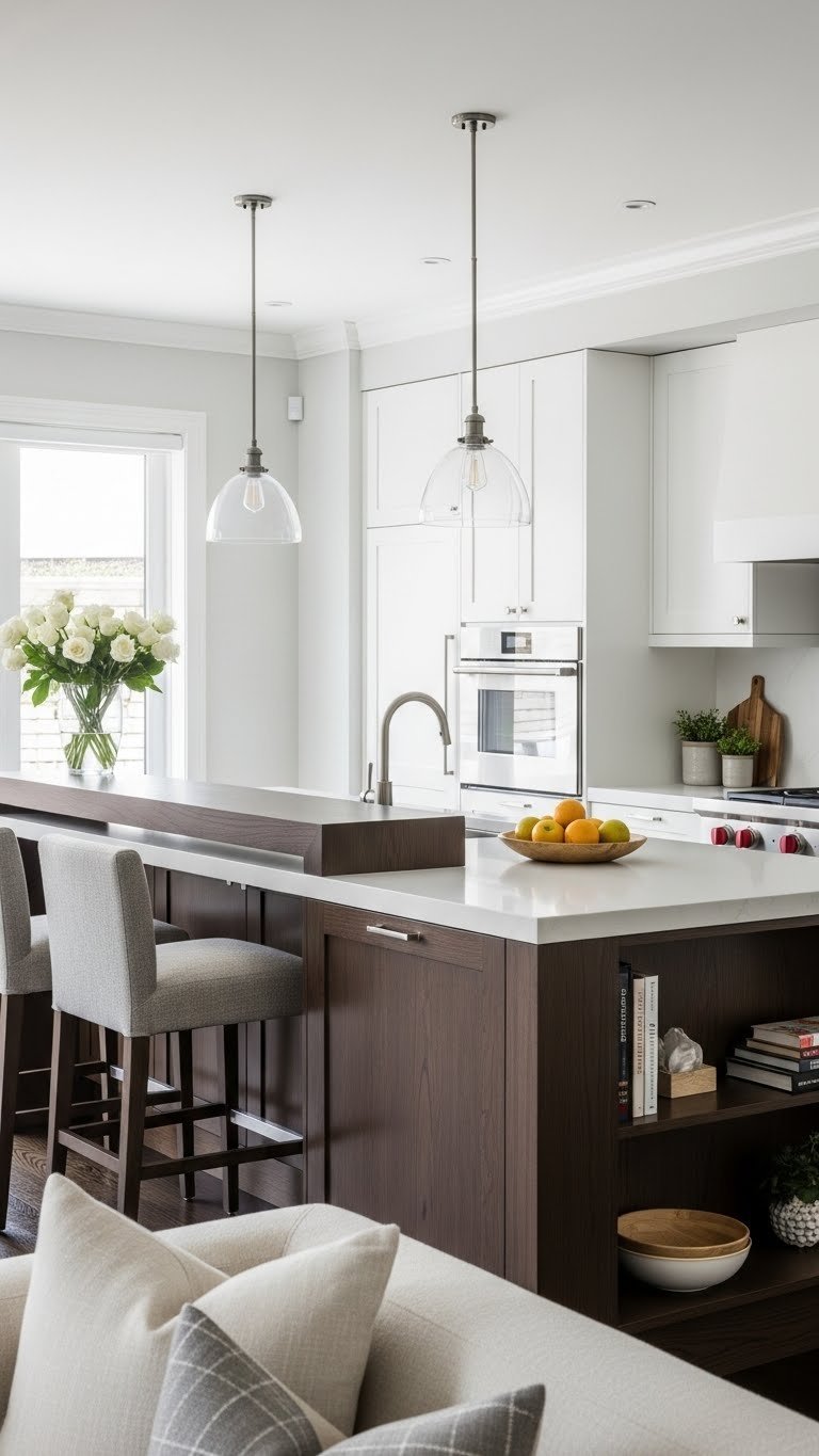 Dark wood kitchen island, breakfast bar, storage. Divides living space. Elegant.