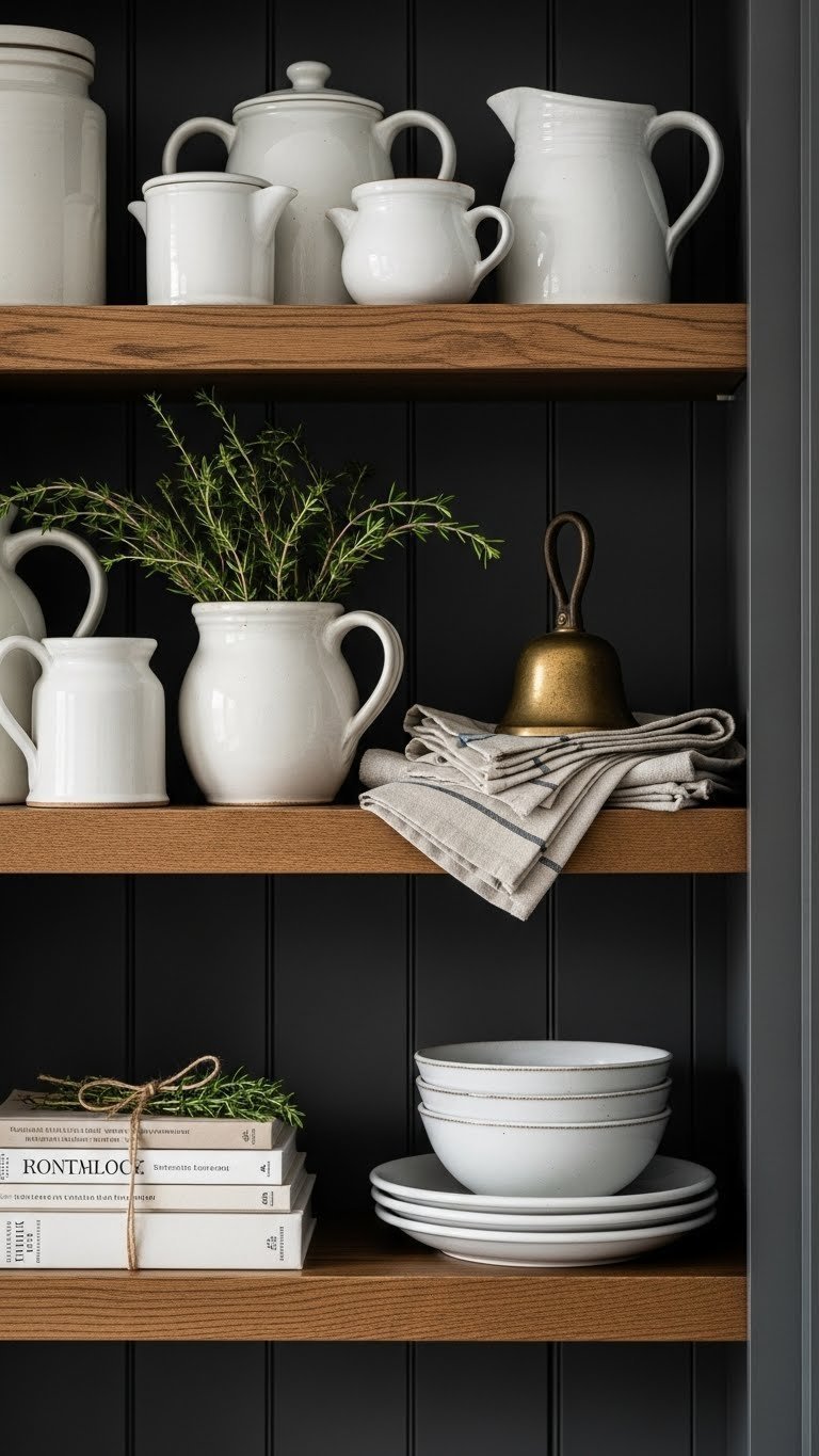 Dark French Country Kitchen Aesthetic: 7 Design Secrets 13 Dark wood open shelving with white rustic pottery, linen tea towels, aged brass bell in a French country kitchen, creamy whites.