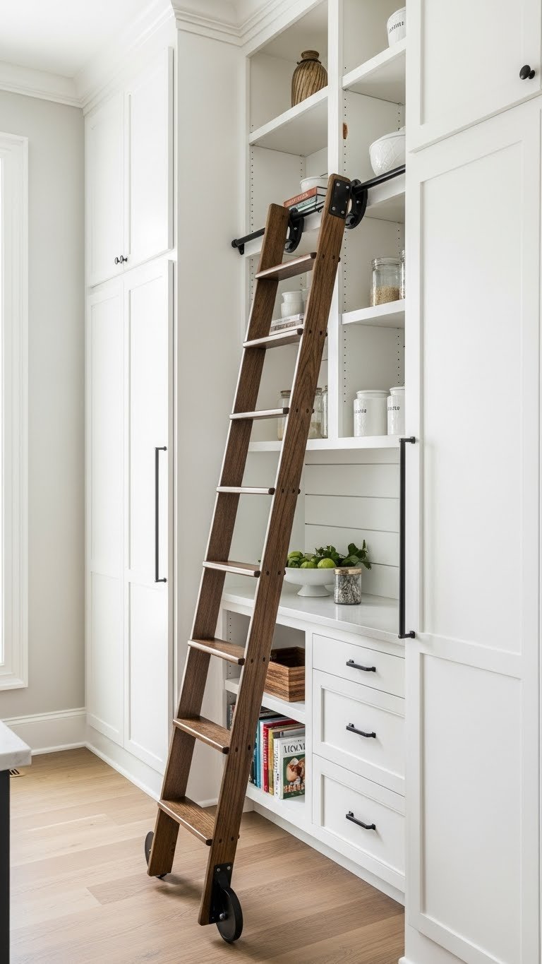 11 Farmhouse Kitchen Pantry Ideas: Design, Organize, &Amp; Style 7 Dark wood rolling ladder against tall white farmhouse pantry cabinets with organized shelves, cookbooks, and ceramic canisters.