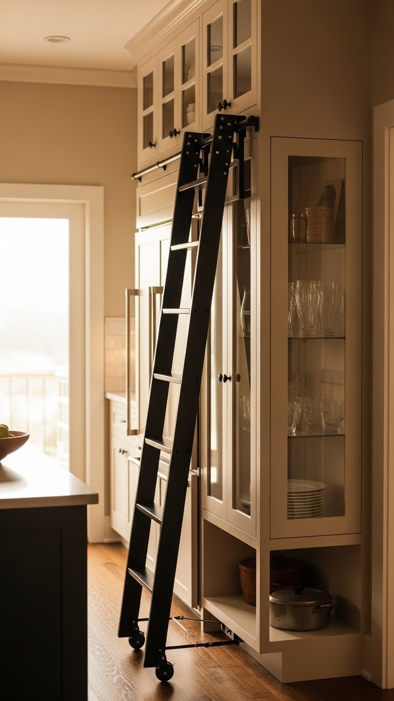Dark wood rolling library ladder accessing extra tall upper cabinets in a cozy small kitchen with warm golden hour lighting.