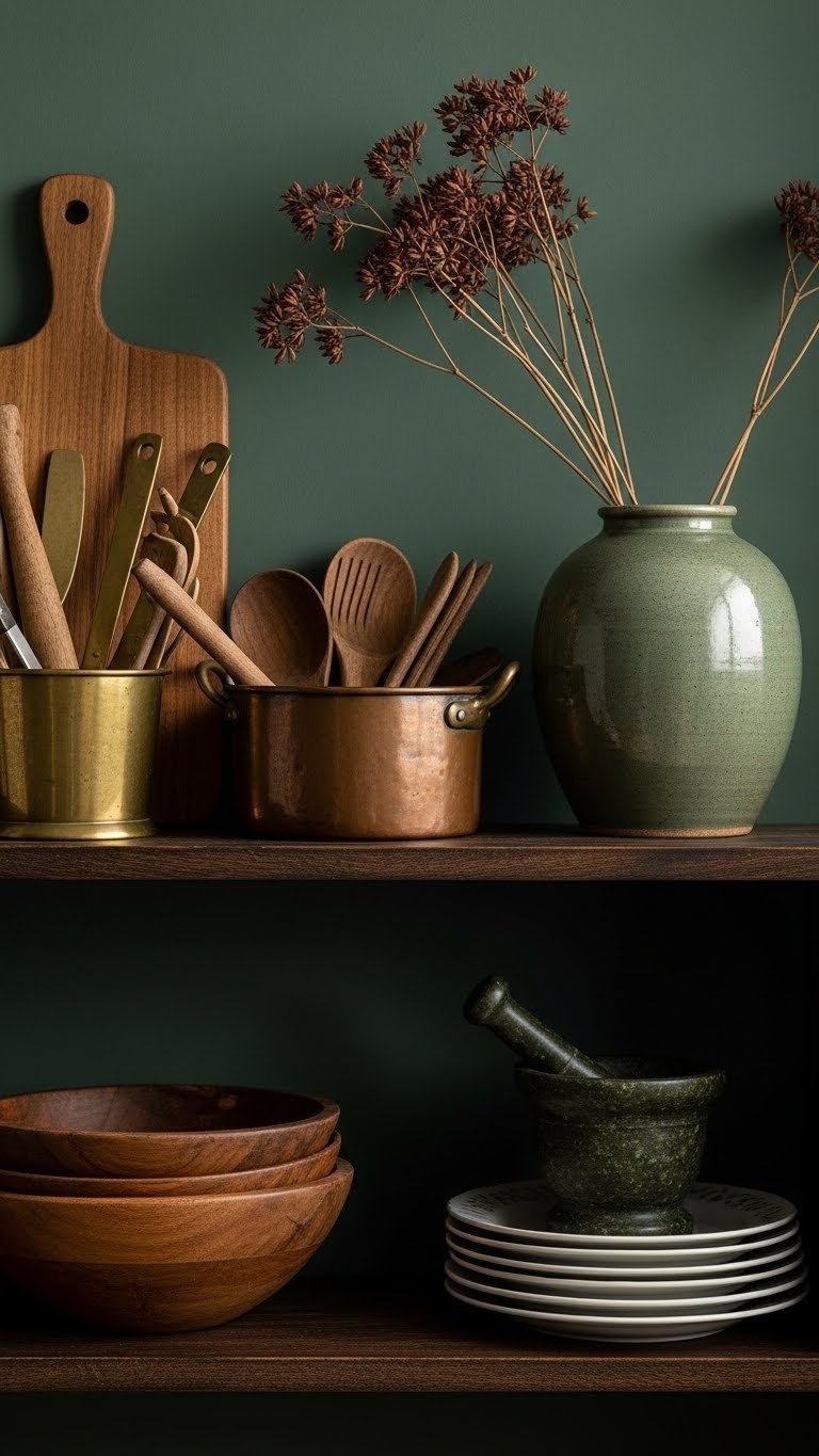 Dark wooden open shelf displays aged brass and copper cooking tools, rustic bowls, and a vintage vase against a green wall.