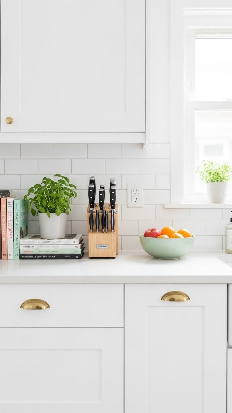 Decluttered kitchen countertop with minimalist organization featuring herb plant and sleek accessories