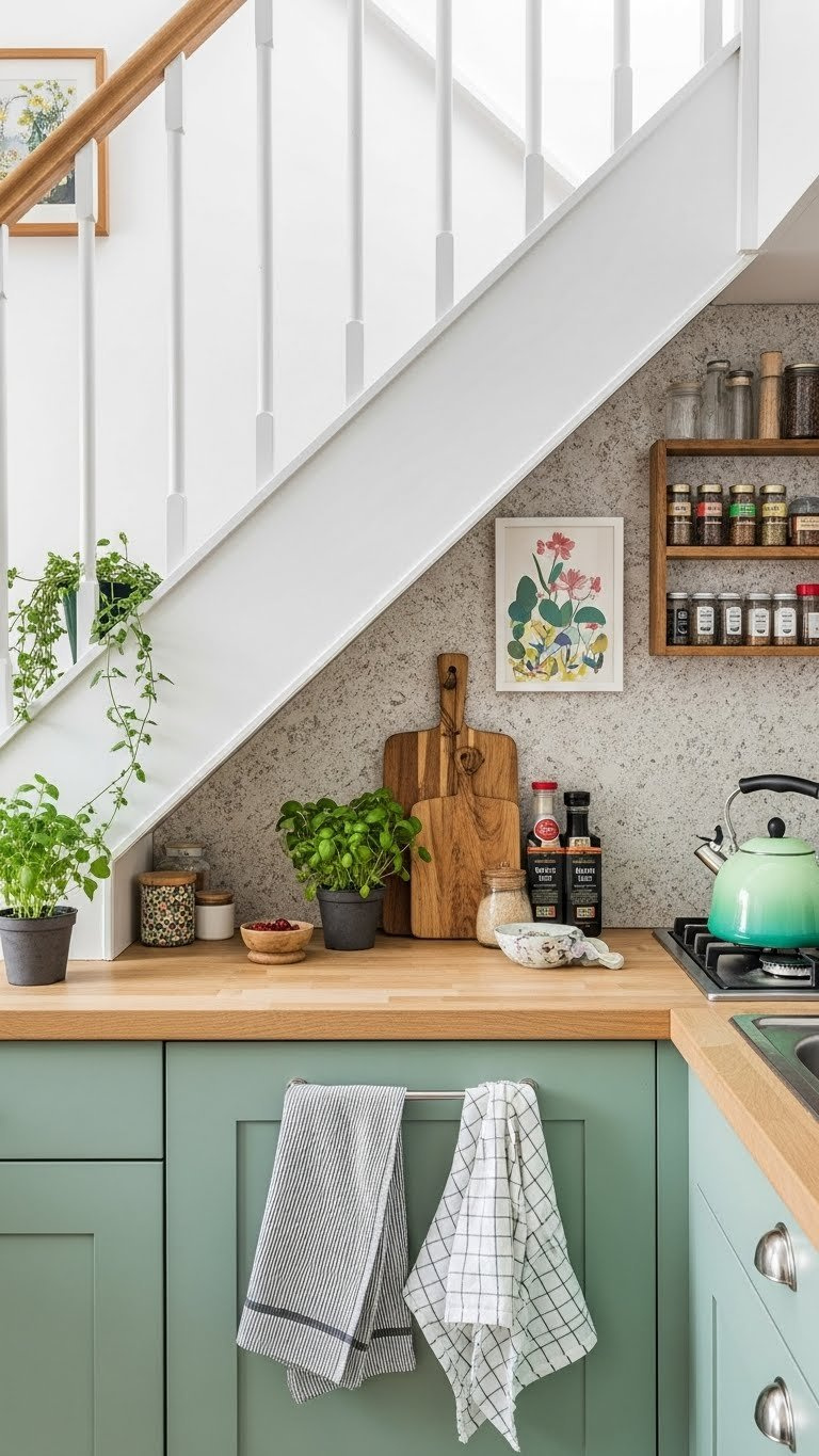 Decorated under-stair kitchen with fresh herbs, stylish chopping board, and elegant towels creating inviting compact space