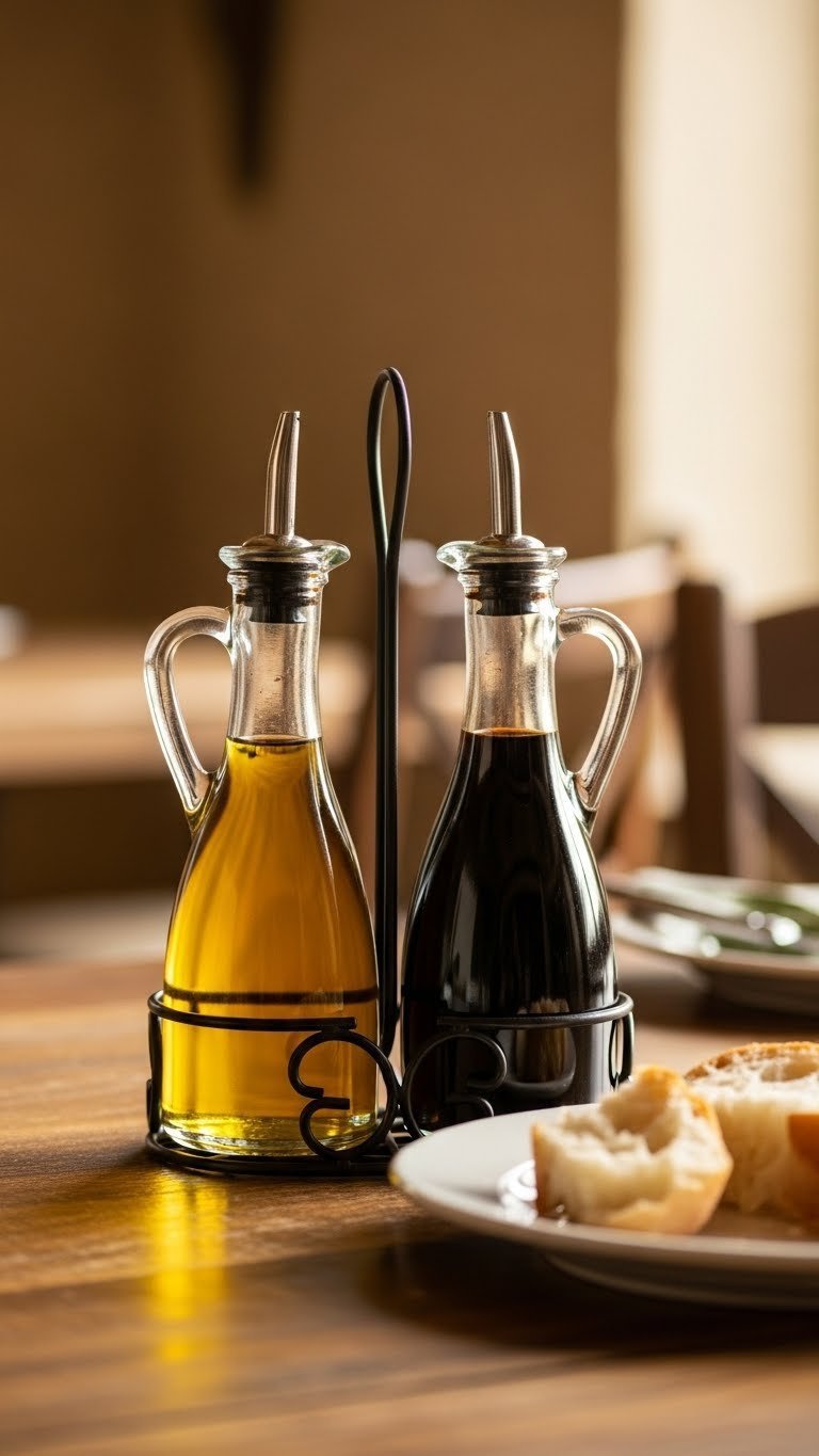10 Unique Tuscan Kitchen Gadgets To Elevate Your Rustic Cooking 19 Decorative glass cruet set for olive oil and vinegar with bread for dipping on rustic wooden table