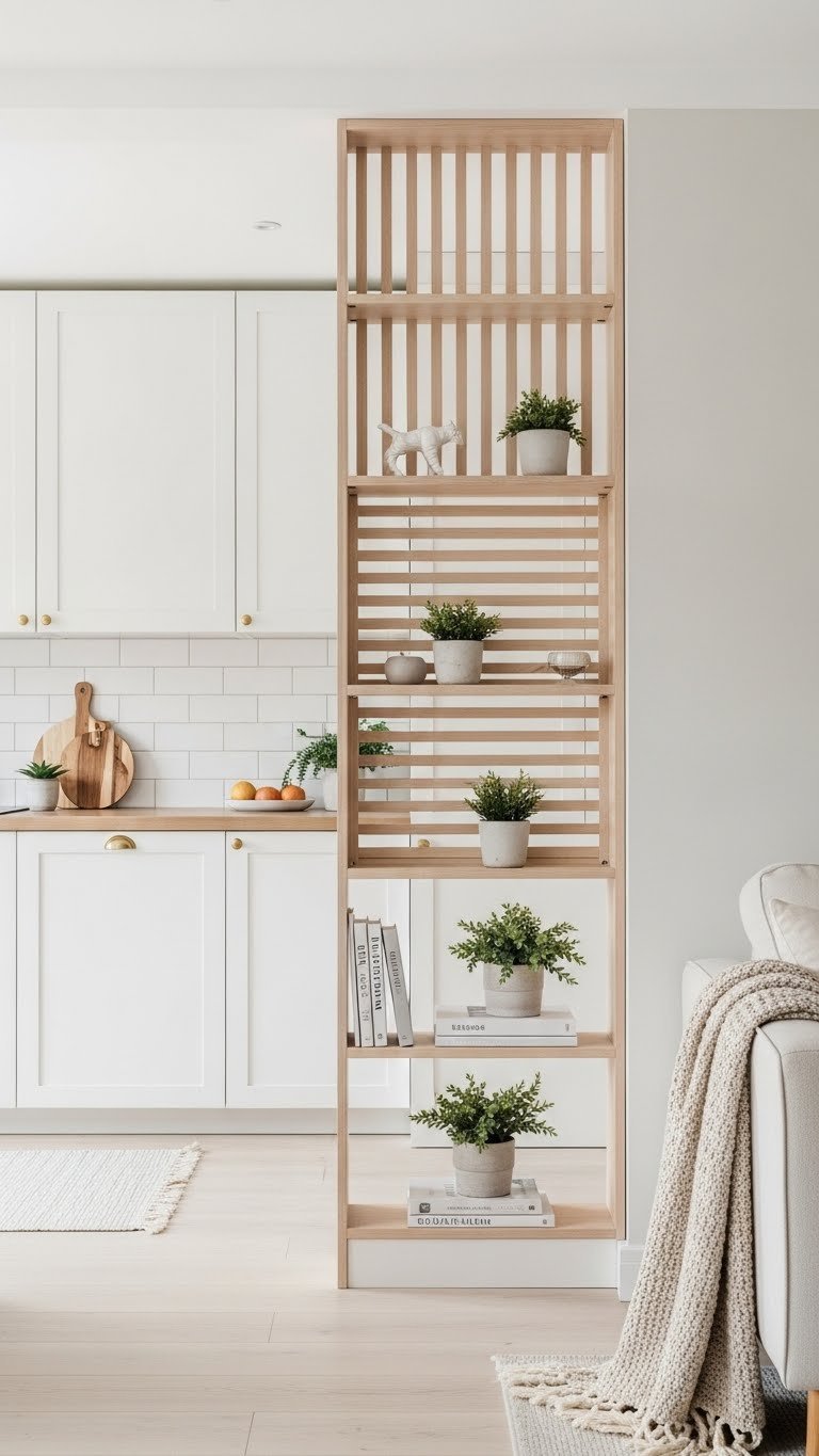 Decorative open-slatted wood screen partially divides small open kitchen living room, offering visual and acoustic separation. Elegant, modern design.