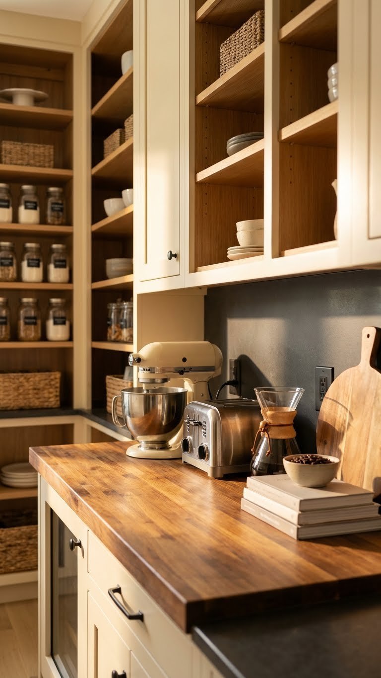 7 Genius Kitchen Pantry Ideas: Convert Your Walk-In Closet 5 Dedicated appliance nook in a custom kitchen pantry featuring a stand mixer, toaster, and coffee maker on a butcher block countertop.