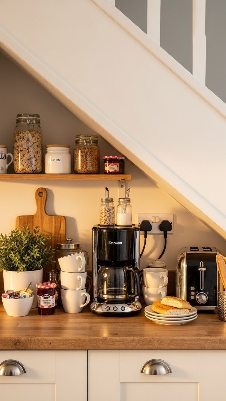 Brilliant Kitchen Pantry Ideas Under Stairs: 11 Space Solutions 9 Dedicated breakfast and coffee station under a staircase with a sleek coffee maker, stacked mugs, and breakfast items in warm golden hour light.