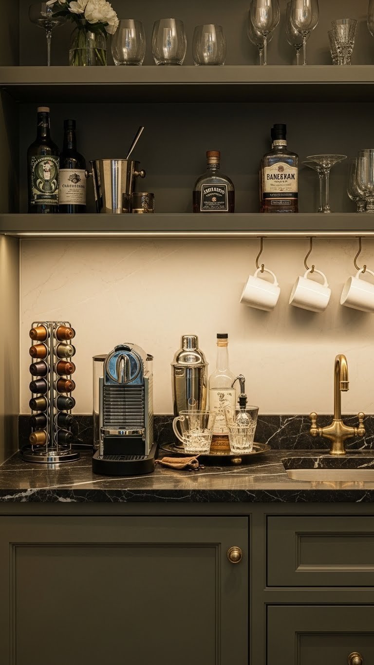 Butlers Pantry Ideas: Ultimate Plan, Design, Organize 10 Dedicated butlers pantry coffee and wet bar station with a stylish coffee machine, elegant cocktail shaker, and dark marble countertop.