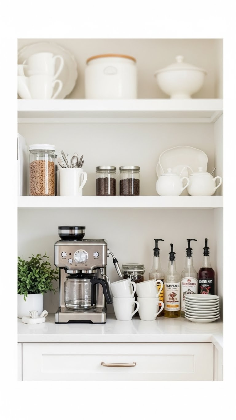 Dedicated coffee and beverage station integrated into an elegant white kitchen pantry with a coffee maker, mugs, and syrups.