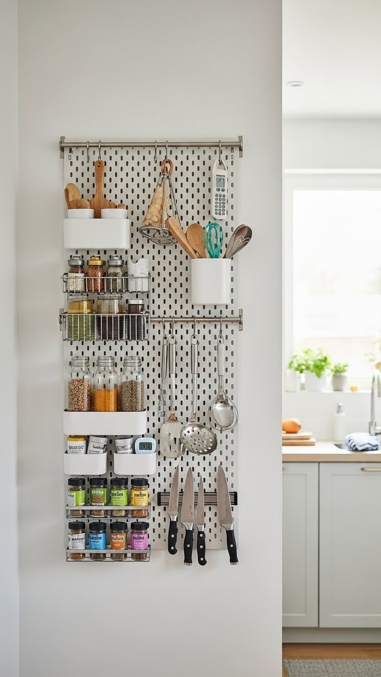Dedicated wall organizer system spanning vertical dimension with colorful spices and kitchen tools neatly arranged.