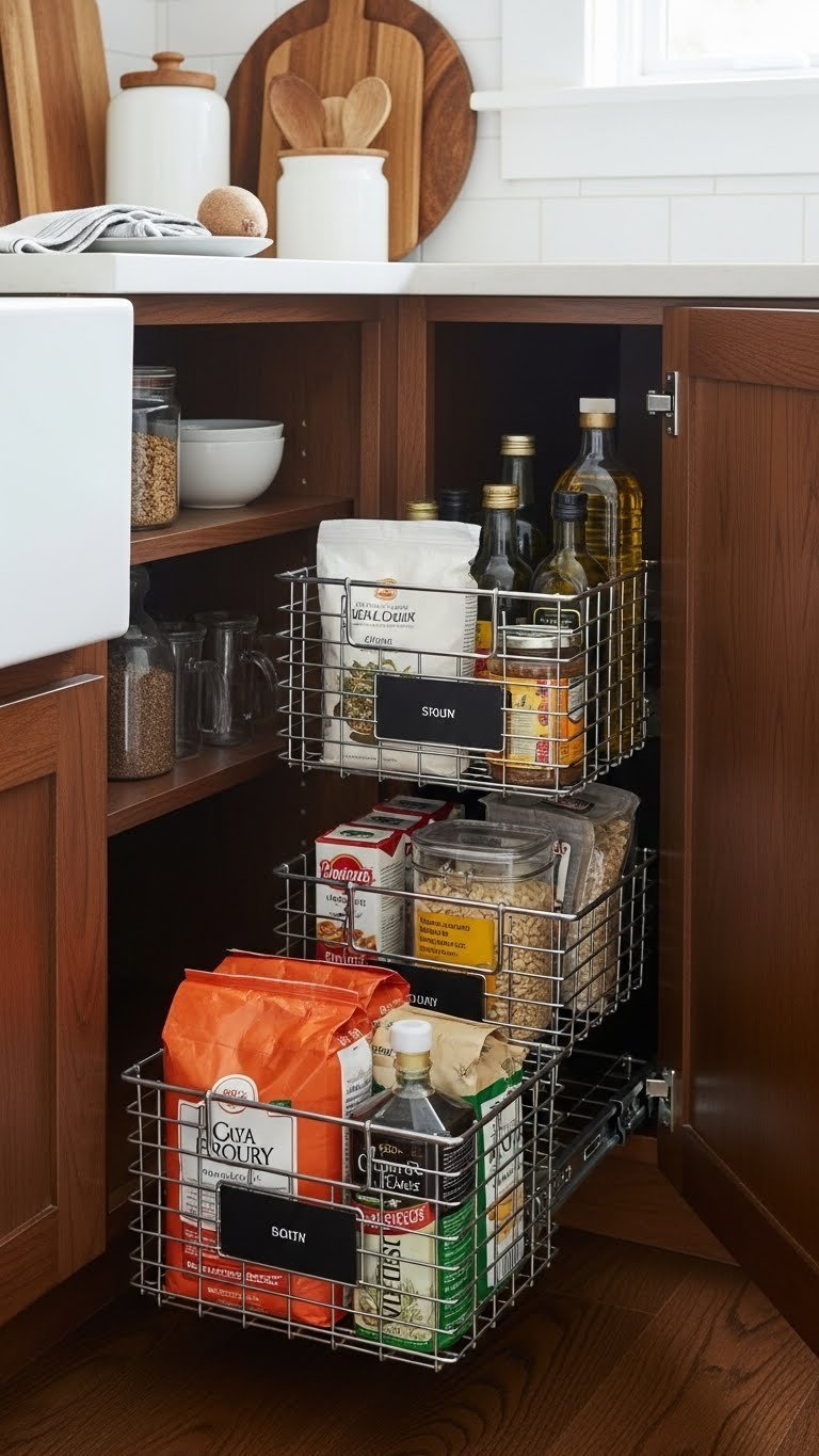 Small Indian Pantry: 7 Smart Organization &Amp; Design Ideas 3 Deep Indian kitchen cabinet showcases pull-out wire baskets neatly organizing flour, cooking oils, and bulk grains for convenient access.